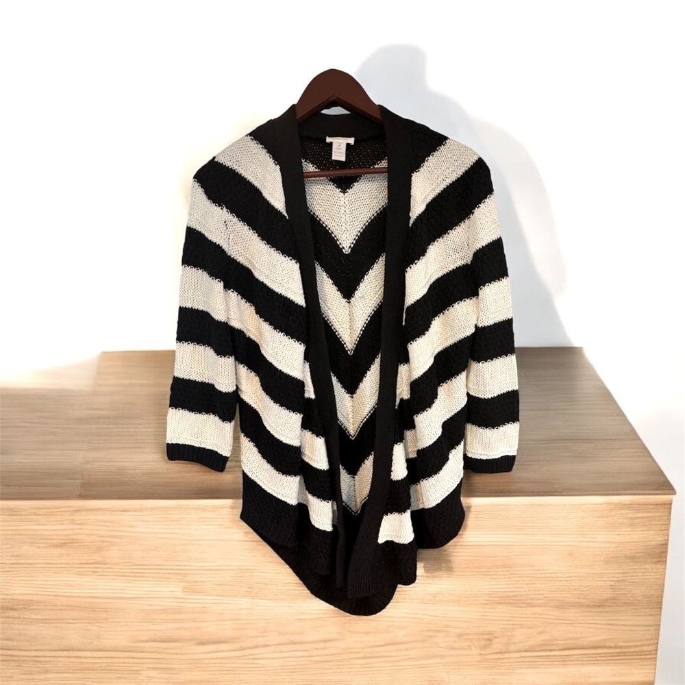 Chico’s Black and White Striped cardigan NWOT